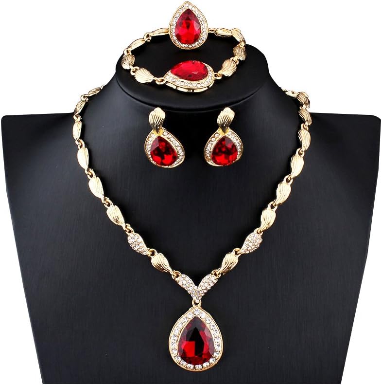 MINIZY Crystal Teardrop Pendant Gold Plated Necklace Earrings Bracelet Ring Set