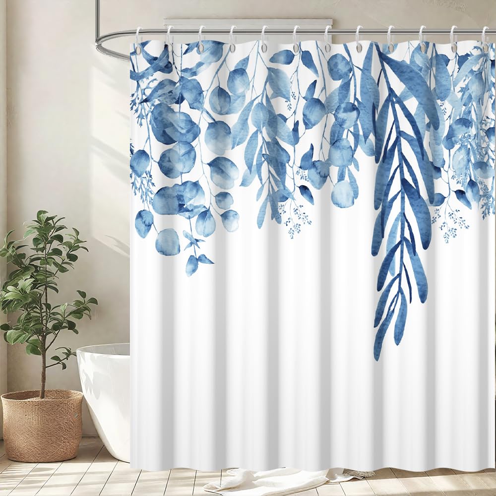 Uiiooazy Blue Eucalyptus Shower Curtain, Leaves Floral Plant Motif Bath Curtain Mildew and Mould Resistant Waterproof Polyester Fabric Washable Shower Curtain with 12 Hooks for Bathroom 180Wx180Hcm — image 1