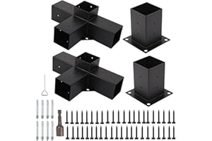 INUSBOJIE Pergola Brackets Kit 4Pcs with 2Pcs 4 Way Right Angle Corner Brackets and 2Pcs Post Base for Gazebos,Garden,Patio,Wood Beams 4''x4'' Lumber (Actual: 3.8x3.8'')