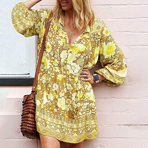 Witspace Fashion Women Long Loose Sleeve Print V-Neck Casual Strappy Dress