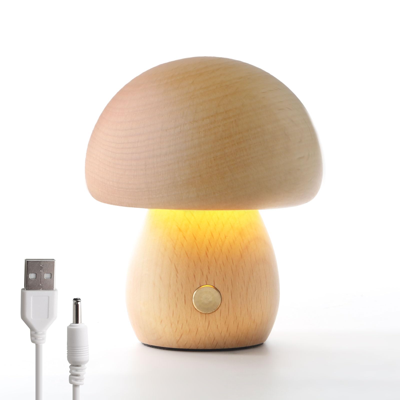 JinsenTGG Mushroom Lamp Wooden, Portable Dimmable Bedside Lamp with USB Charging, Wireless Night Light, Mushroom Table Lamp for Home Decor Bedroom, Rechargeable LED Bedside Desk Light (Beech)
