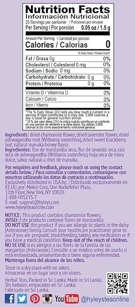 HYLEYS CALM TEA WITH ASHWAGANDHA – LAVENDER & HONEY FLAVOR – CAFFEINE-FREE, HERBAL TEA – 25 TEA BAGS – SLEEPY CHAMOMILE BEDTIME BLEND: NATURAL HERBAL TEA FOR DEEP RELAXATION & RESTFUL SLEEP