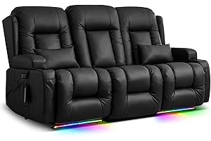 TUNYI Power Loveseat Recliner Sofa with Massage & Heat Home Theater Seating with Console RV Recliner Loveseat Sofa with USB/Outlet/Storage/Side Pocket/LED Light/Speaker (Black, 3 Seat)