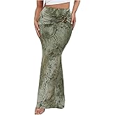 WDIRARA Women's Marble Print Bodycon Skirt High Waisted Ruffle Fishtail Maxi Skirts