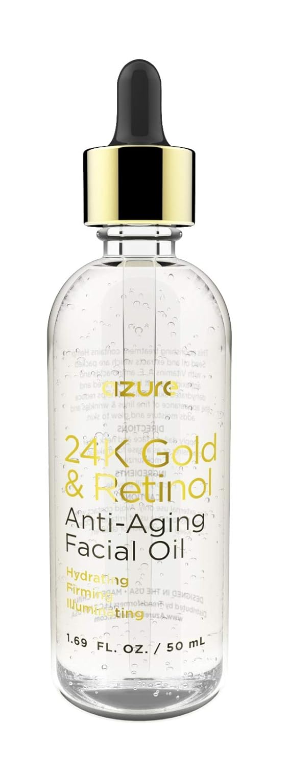 AZURE 24K Gold & Retinol Anti Aging Facial Oil - Hydrating, Firming & Illuminating | Reduces Appearance Of Wrinkles, Fine Lines & Creases | Lifts & Smooths Skin - 50mL