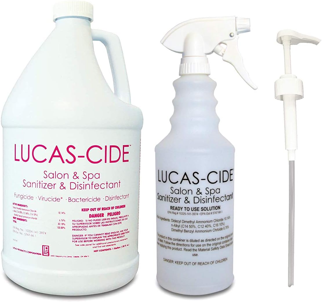 LUCAS-CIDE Salon and Spa Disinfectant 1 Gallon (Pink) Bundle with Leak Proof Spray Bottle 32 Oz. and Pump