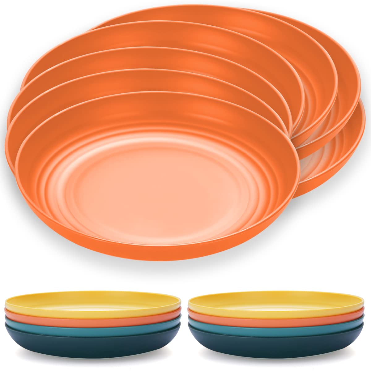 Kyraton 23 cm Large Deep Plastic Plates 8 Pieces, Unbreakable and Reusable Light Weight Dinner Plates Pasta and Dumpling Bowl Microwave Safe BPA Free Dishwasher Safe (Orange)