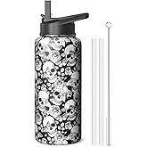 32oz Skull Water Bottle with Handle and Flip Straw, Skeleton Sports Stainless Steel Insulated Cup Travel Coffee Mug Tumbler, Birthday Mothers Day Chritmas Gifts for Women