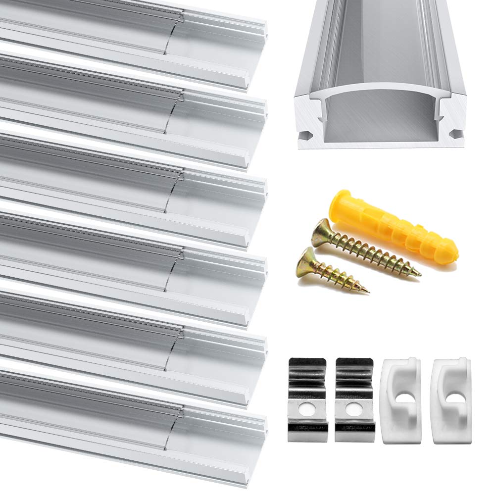 Chesbung 6 Pack 1Meter/3.3ft U Shape Led Aluminum Channel, Aluminum Profile with Cover, Strip Channels and Strip Diffusers with End Caps and Mounting Clips for Flex/Hard LED Strip Light
