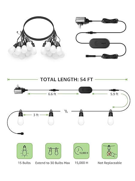 LEPRO ZB1 AI SMART OUTDOOR STRING LIGHTS APP CONTROL, 54(42+12) FT RGB+IC+WARM WHITE OUTDOOR LIGHTS 15 LED BULBS, ALEXA GOOGLE HOME ENABLE, AI GENERATED LIGHTING LLM, NO REMOTE 2.4 GHZ WIFI+BLUETOOTH