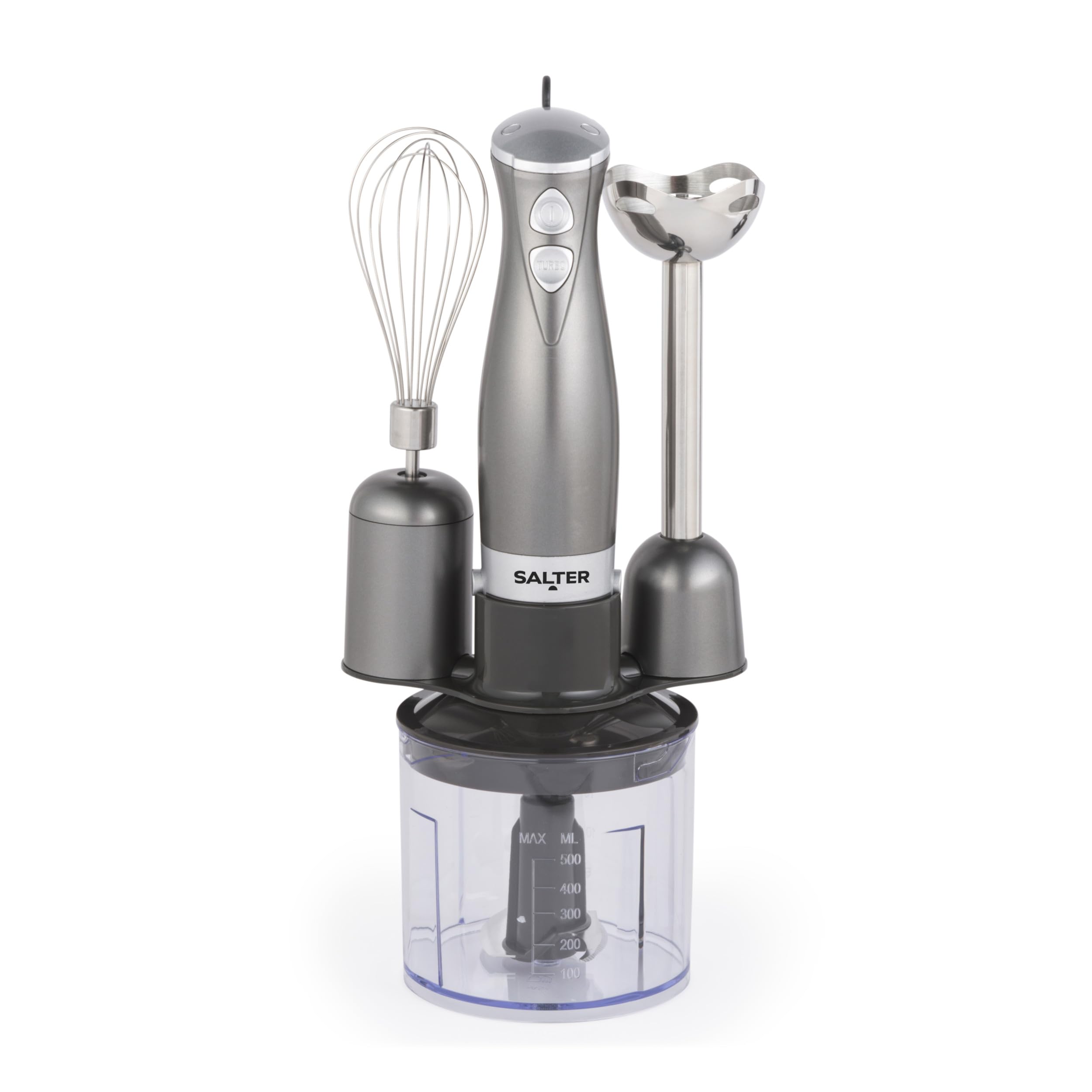Salter Cosmos 3-in-1 Hand Blender – Whisk, Blender & Chop, Food Processor, Vegetable Chopper, Stainless Steel Blades, 500ml Chopping Bowl, Whisk & Blender Attachments, 2 Speeds, 350W, EK2827GUNMETAL