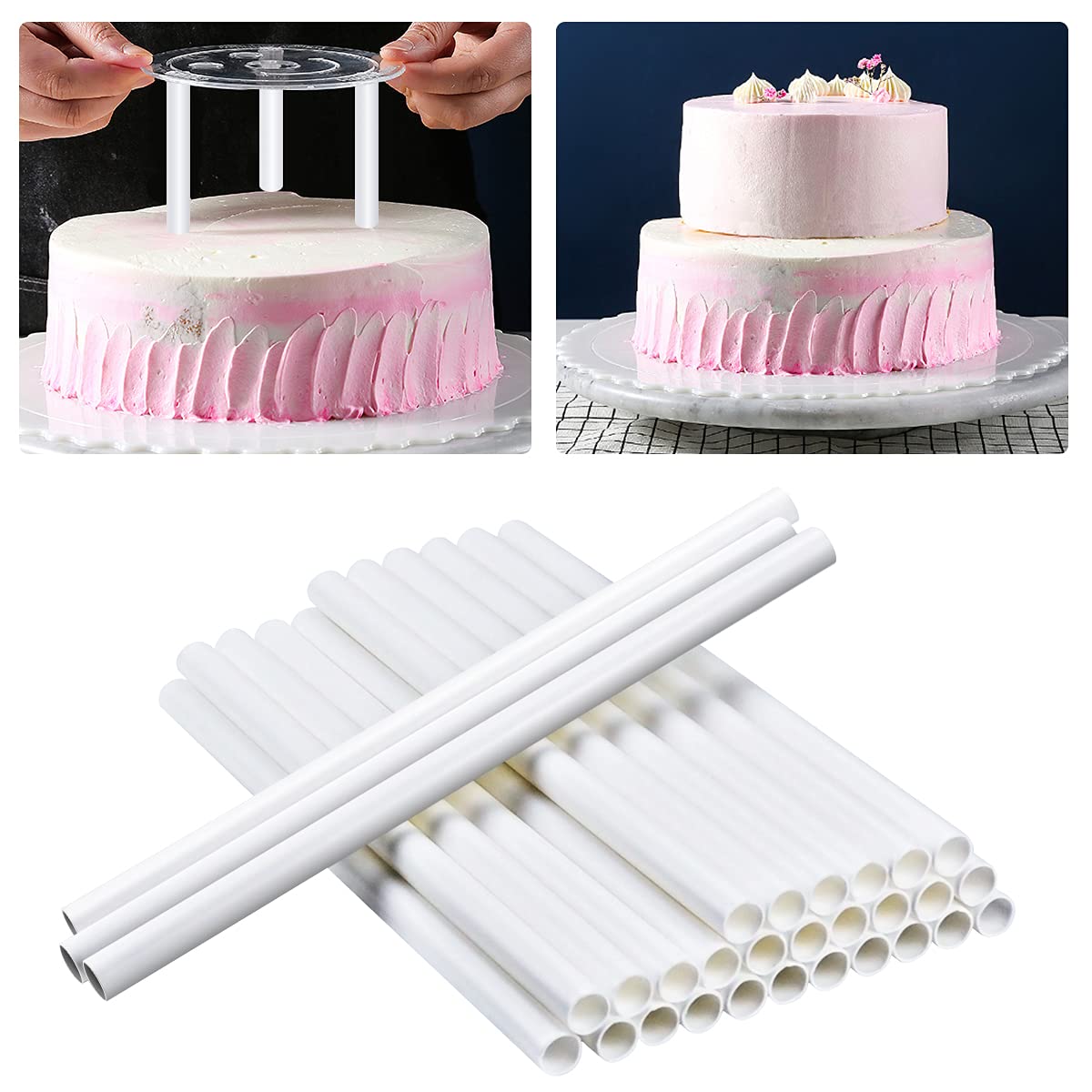 30 Pcs Cake Dowel Rods, 9.5 Inches White Plastic Cake Support Rods, Thicken Cake Round Dowels Straws with 0.4 Inch Diameter for Tiered Cake Construction and Stacking Supporting