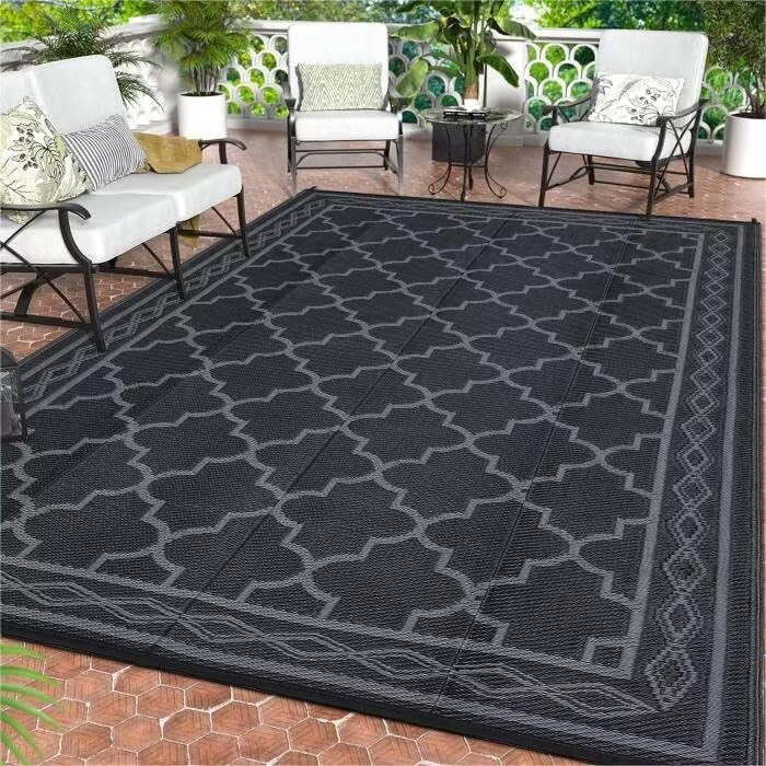 GAOMON Outdoor Plastic Area Rugs 8×10 Reversible Plastic Straw Patio Rug for Camping, RV Mat Outside, Camping Rugs, Porch, Deck, Camper,Balcony, Backyard, Black&Grey
