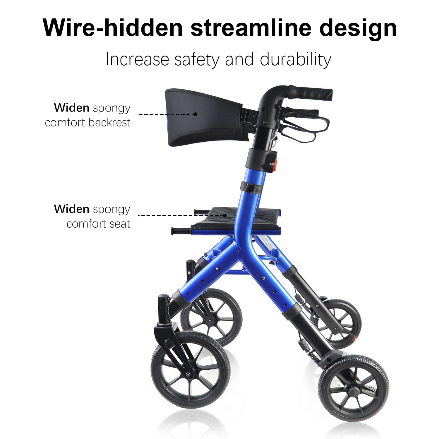 Rollator Walker for Seniors Taller 5.3~7ft with Height-Adjustable Seat, 10 Inch Wheels Wire-Hidden Walkers Compact Folding Design Lightweight Mobility Walking Aid Widen Backrest, Blue