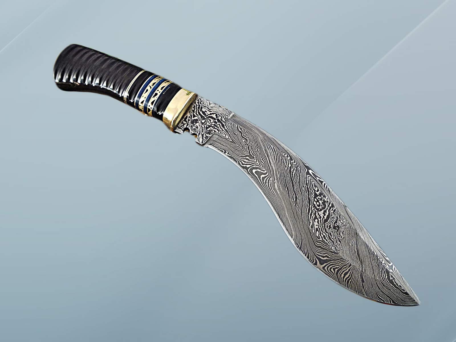 14" Long hand forged Damascus steel hunting Kukri Knife, Engraved Buffalo Horn with Brass & blue fiber scale, Cow hide Leather sheath