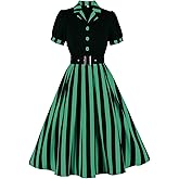 IWEMEK Lapel Collar 50s Vintage Dress for Women 1950s Polka Dot Retro Cocktail Swing Dress with Belt Audrey Hepburn Dresses