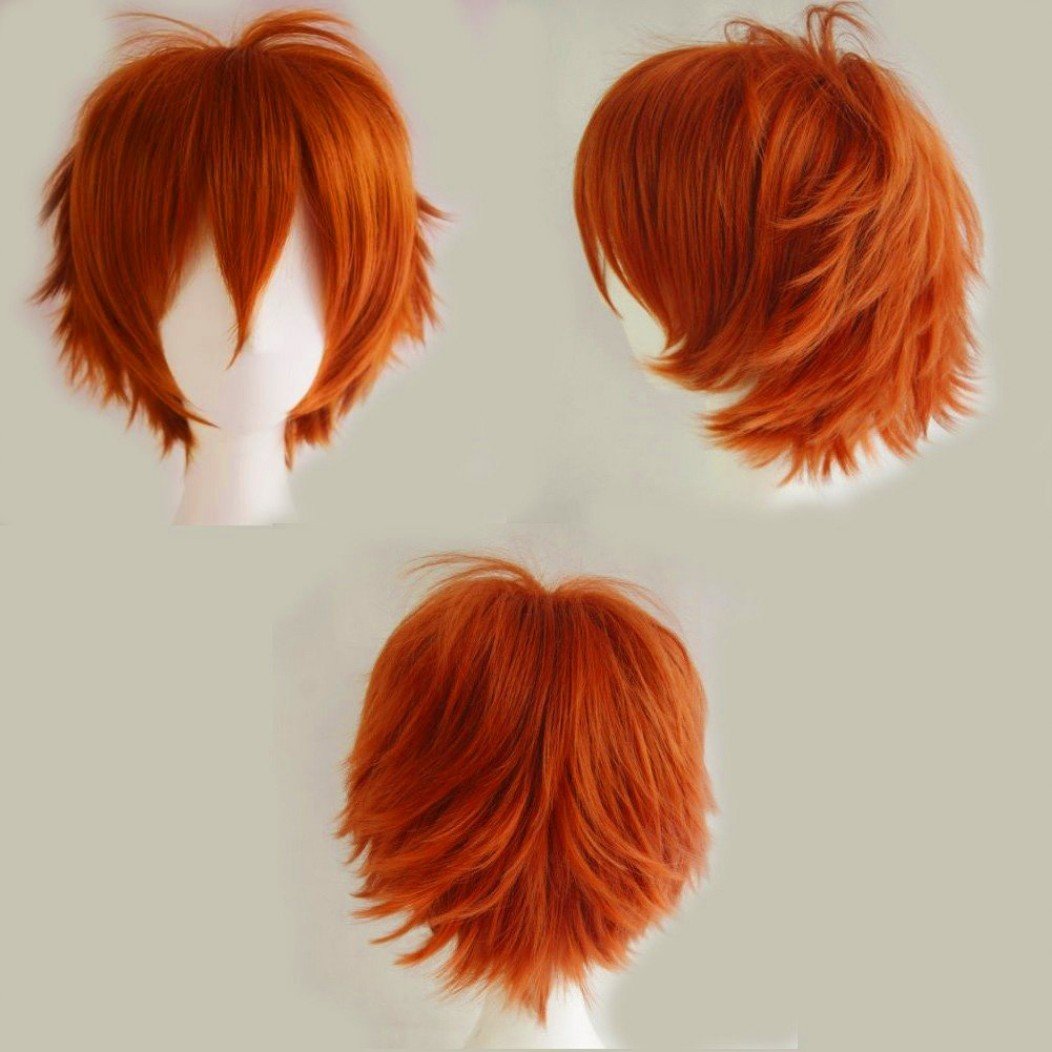 Unisex Short Cosplay Full Wigs Natural Layer Straight Hair Anime Costume Party Wig Fancy Dress for Women Men (Dark Orange)