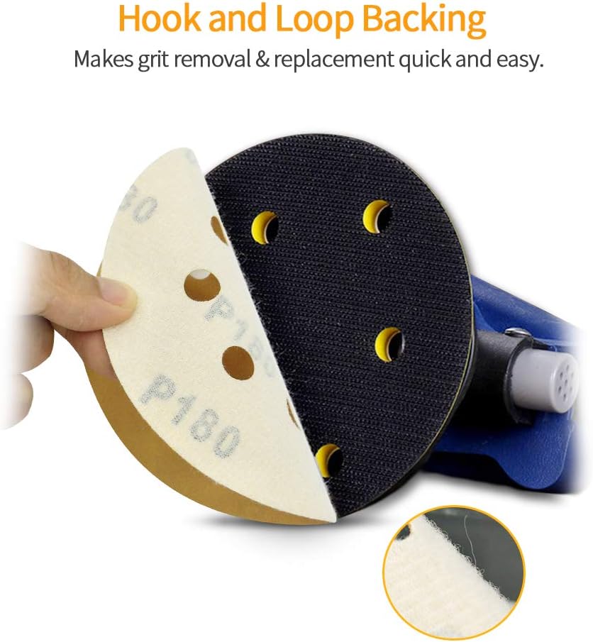SPEEDWOX 100 Pcs 5 Inches 8 Hole Sanding Discs 180 Grit Dustless Hook and Loop Sandpaper for Random Orbital Sander Yellow Finishing Discs for Automotive Woodworking - Image 5