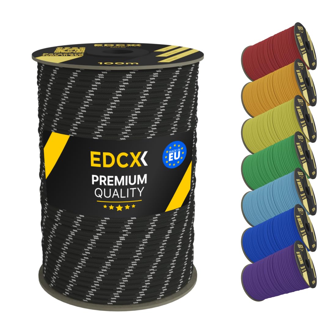 EDCX 4mm Nylon Paracord 550 100m (330 feet) | Ideal for Camping, Survival, Outdoor, Crafting, DIY | 100% Nylon Rope 4mm | Paracord 550 Type III in Solid Color (Reflective Black, 100 m)