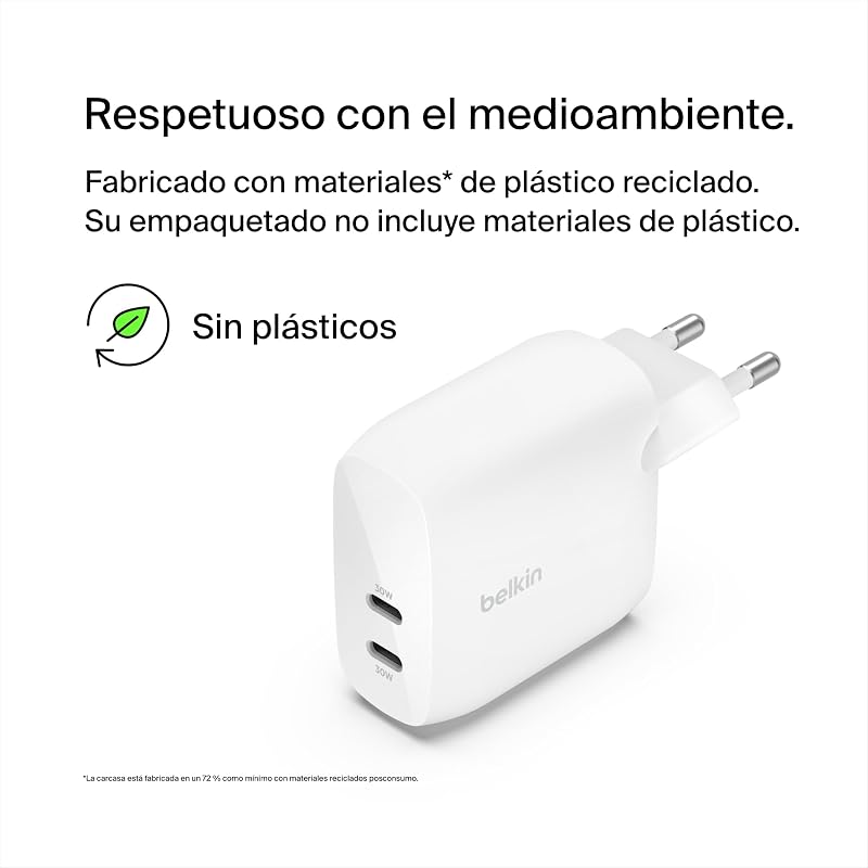Carregador de parede belkin boostcharge dual usb-c com 60 w pps, carregador usb para iphone 16, 15 e ipad, samsung galaxy e google pixel, compatível com cabos usb-c para lightning e cabos usb-c para usb-c
