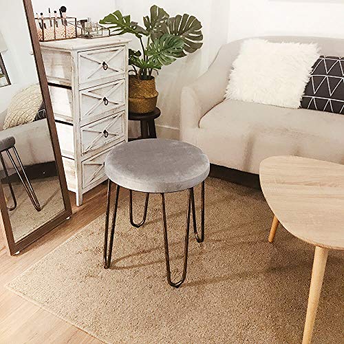 CANDIKO Gray & Bronze Round Makeup Vanity Chair Velvet Upholstered Metal Stool Bedroom Iron Room Bench Bathroom Ottoman