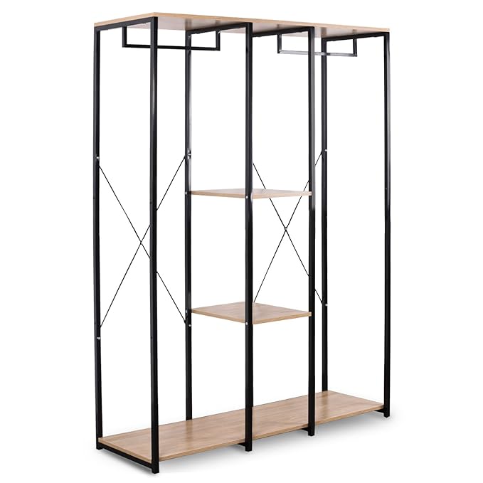 WOLTU SR0048hei XXXL Kleiderständer Wäscheständer Kleiderschrank mit Ablage Schuhregal aus Holz und Stahl, Schwarz + Hell Eic