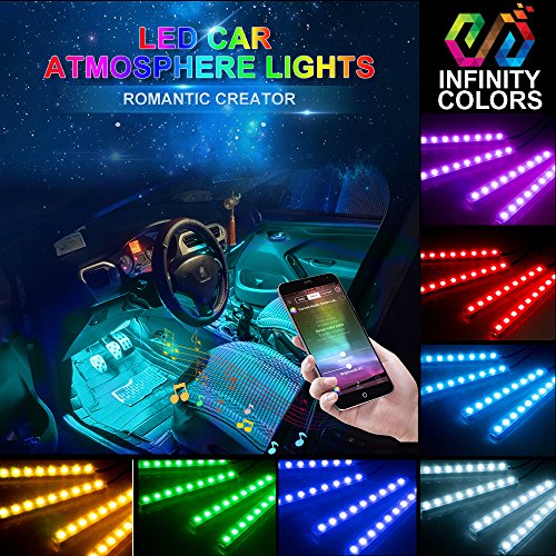 Car LED Strip Light-Carantee 4pcs 48 LED Bluetooth App Controller Car Interior Lights, Waterproof Multicolor Music Underdash Lighting Kits for iPhone Android Smart Phone, Car Charger Included, DC 12V