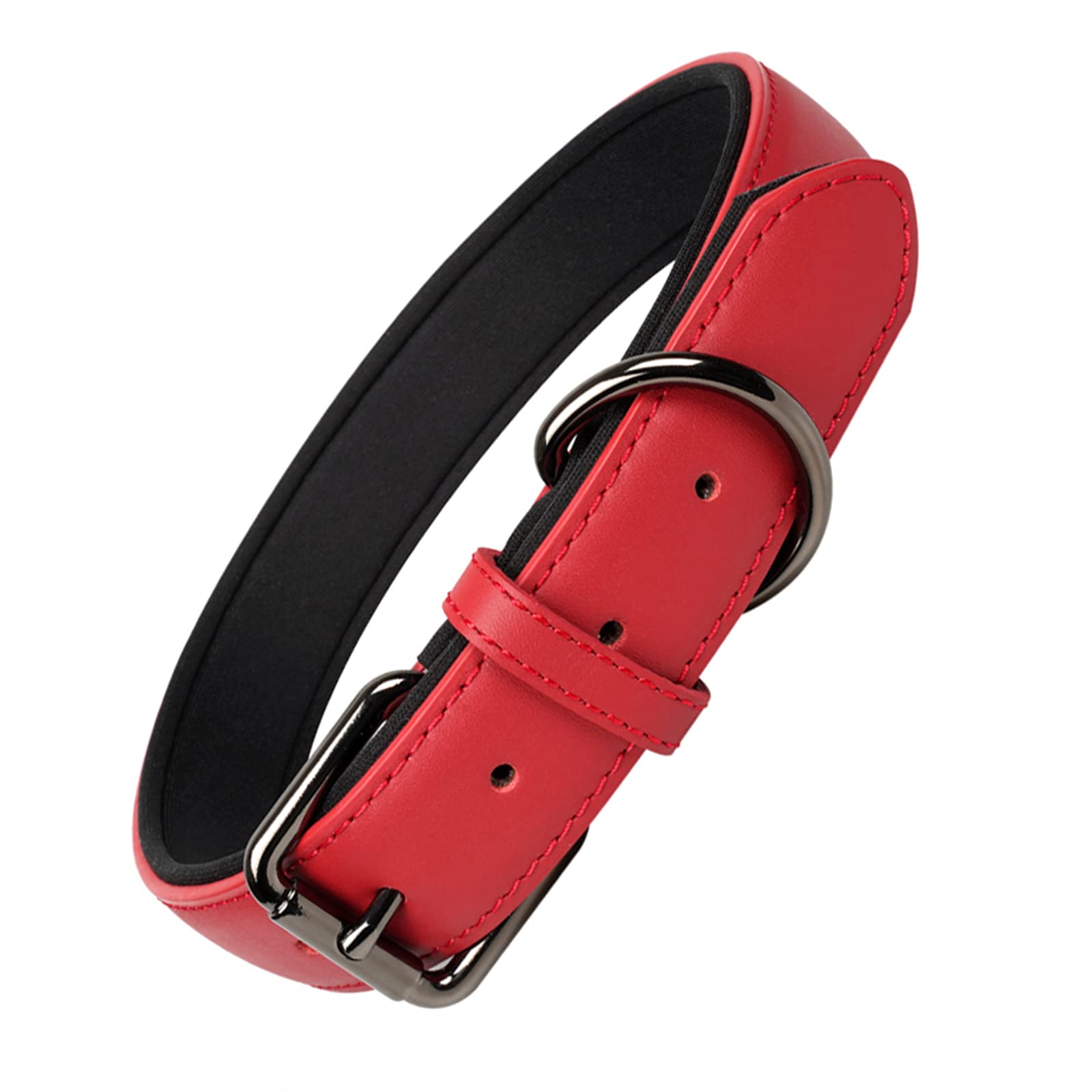 OFHome Dog Collar Leather Red Soft Padded Comfortable Adjustable Strong Pet Collars Best for Small Medium Large Dogs with Heavy Duty Buckle (Red, L)
