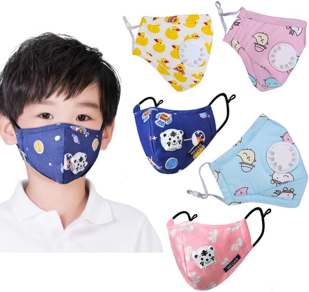 Kid's Dust Mouth Mask Cartoon PM2.5 Anti Dust Pollution Mask Cotton Mouth Mask Children's Guaze Mask Dustproof Face Mask with Respiration Valve Filter 5pcs