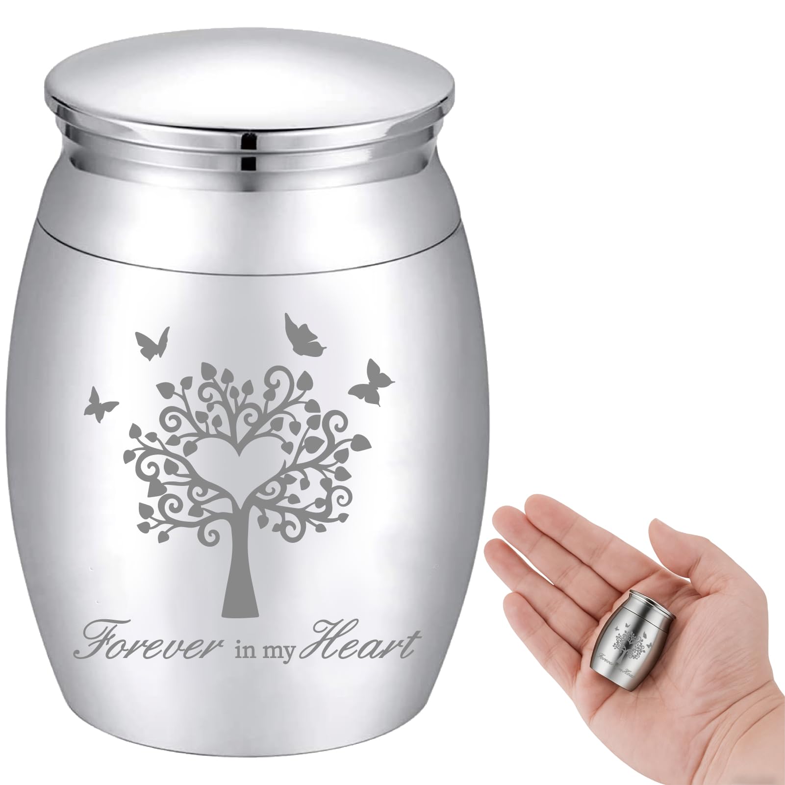CREATCABIN Small Keepsake Urn Mini Cremation Urns Tree of Life Butterfly Ashes Holder Miniature Burial Funeral Container Jar Engraving Stainless Steel for Human Pet Memorial Silver 1.57x1.18Inch