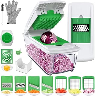 Uvistare Gemüseschneider Obstschneider kartoffelschneider, Mutischneider Gemüsehobel mit Messereinsätzen Handschuh zum Würfeln/Scheiben/Reiben/Hobeln/Raspeln und Eiertrennen