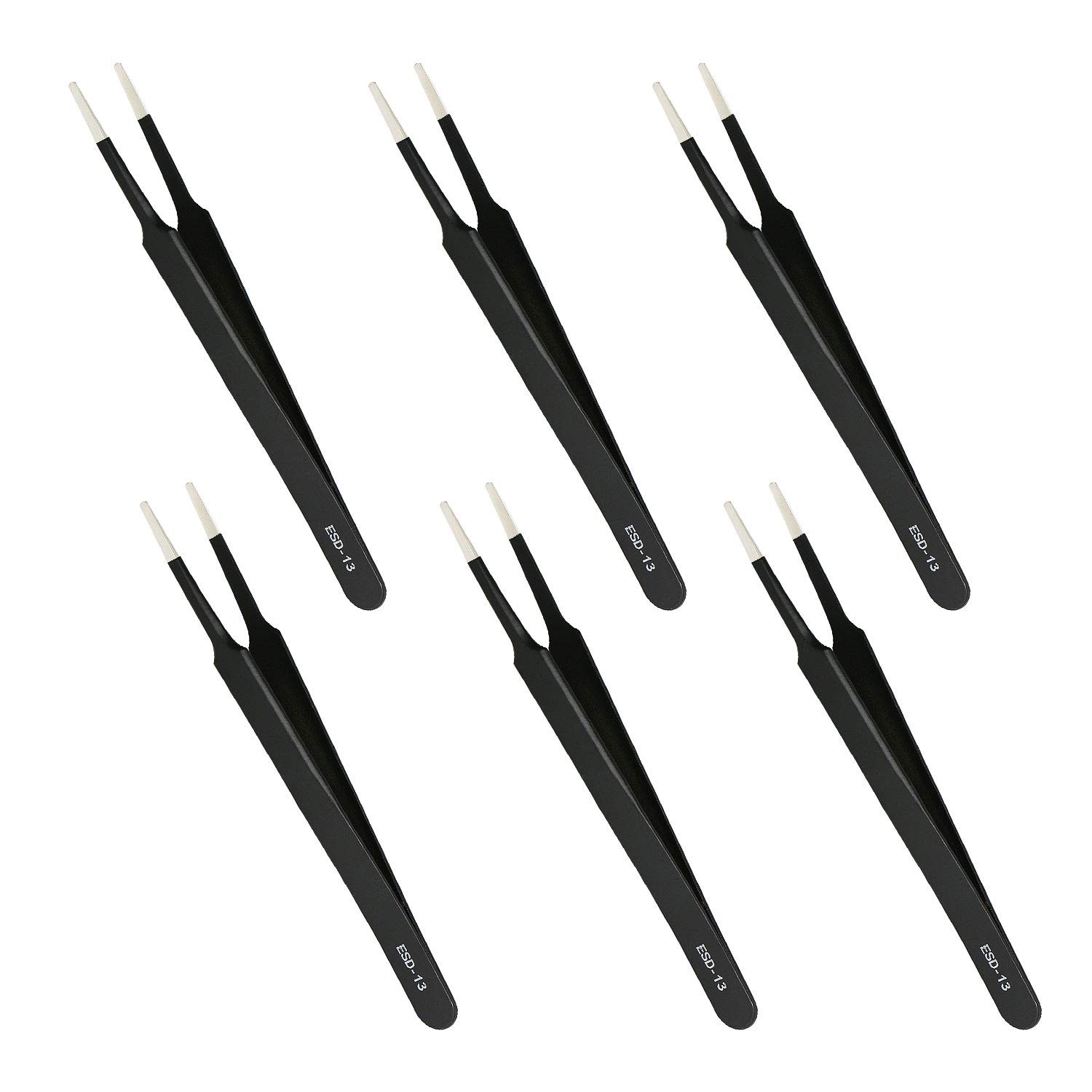 Aoje-Link ESD-13 Professional Anti-Static Technology Tweezers, Non-Magnetic Flat and Round, Stainless Steel Plastic Coated, Full Length 120mm, Black, 6pcs