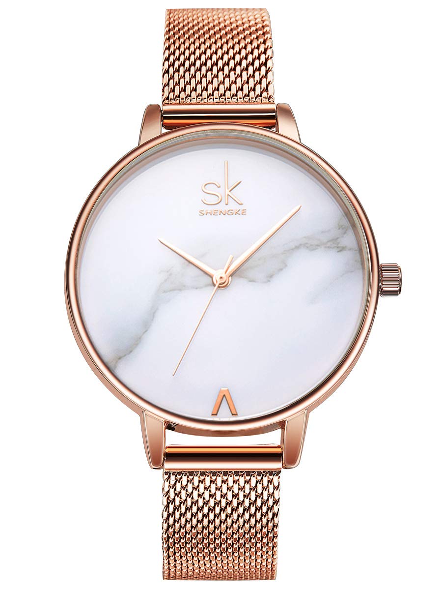 Alienwork Women's Watch Rose Gold Metal Mesh Strap White Ultra-Thin Elegant