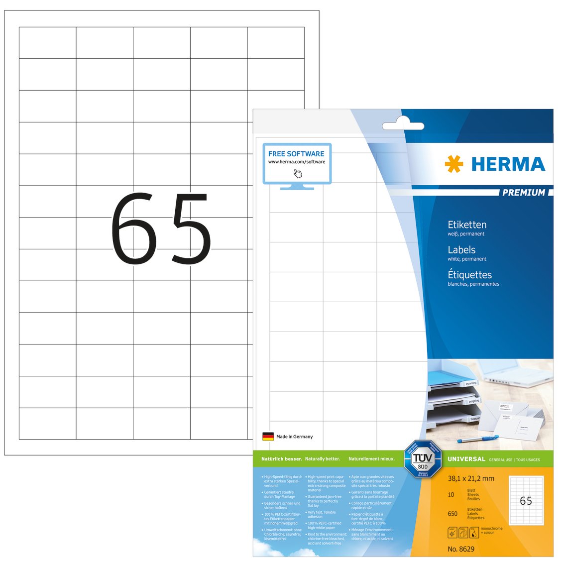 HERMA Self Adhesive MultiPurpose Labels, 65 Labels Per A4 Sheet, 650
