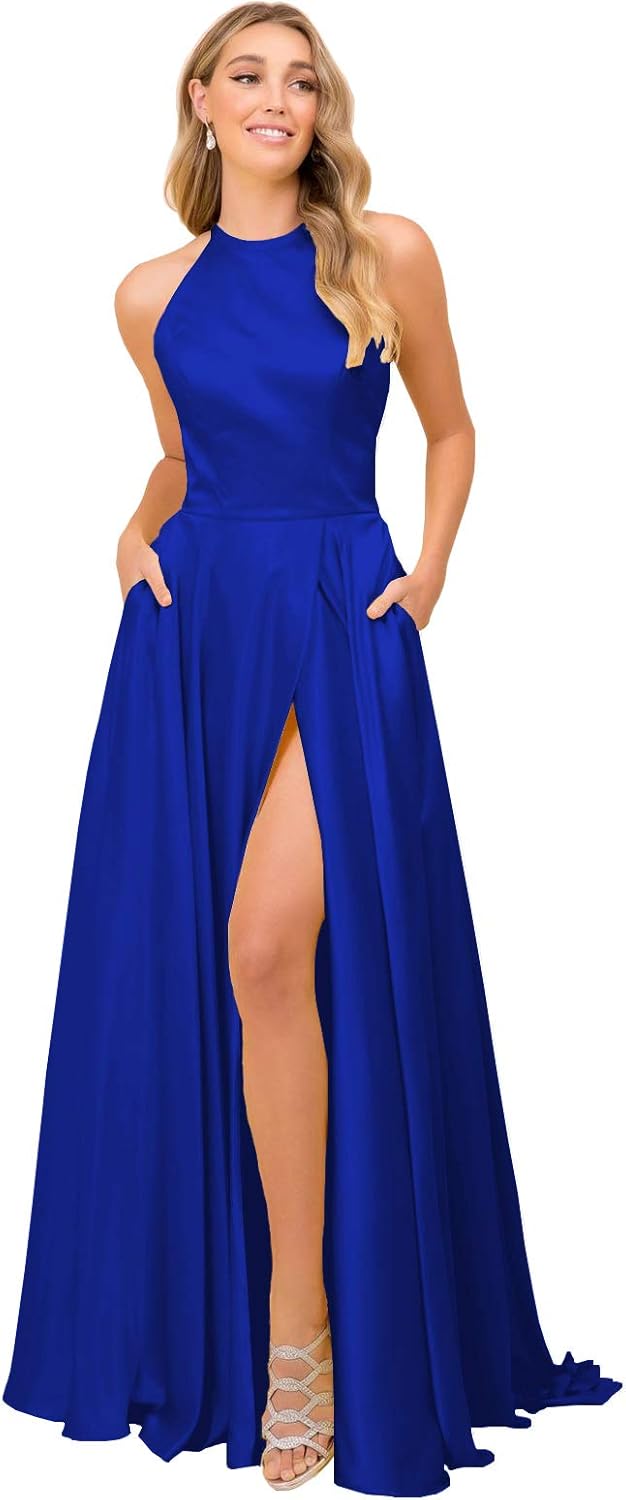 Women's Plus Size Aline Satin Long Halter Prom Dresses with Slit Ball Gown Formal Dress Royal