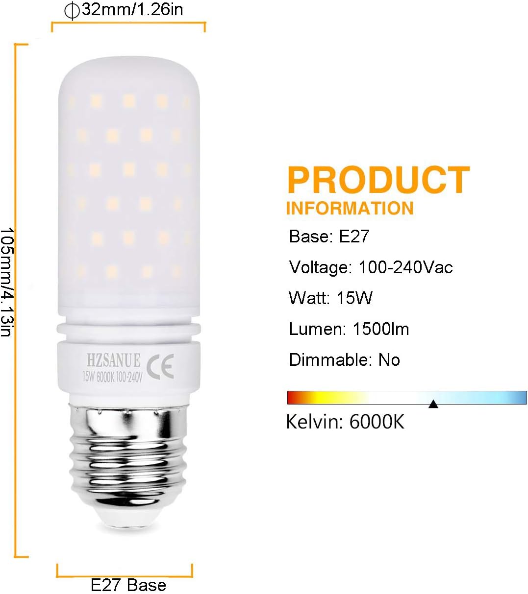 HZSANUE Led Light Bulbs 15W, 120W Incandescent Bulbs Equivalent, 1500Lm, 6000K Daylight White - Image 3