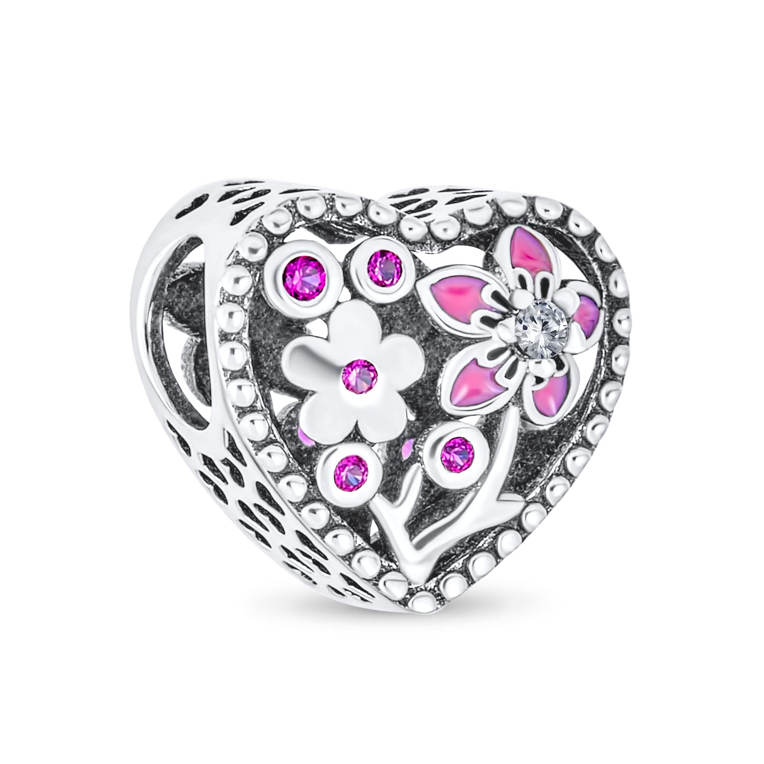 Bling Jewelry Valentine CZ Accent Love Grows With Pink Red Enamel Flower Heart Shape Charm Bead For Women Girlfriend .925 Sterling Silver Fits European Bracelet