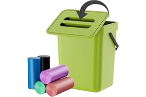 CXGFVRE Compost Bin Kitchen, Bring 5 Rolls (100) of Garbage Bags, for Use on Countertops or Under Sinks, Hanging Trash Can with Lid, for Cupboard/Bathroom/Bedroom/Office/Camping(Green 1.3 Gallon/5L)