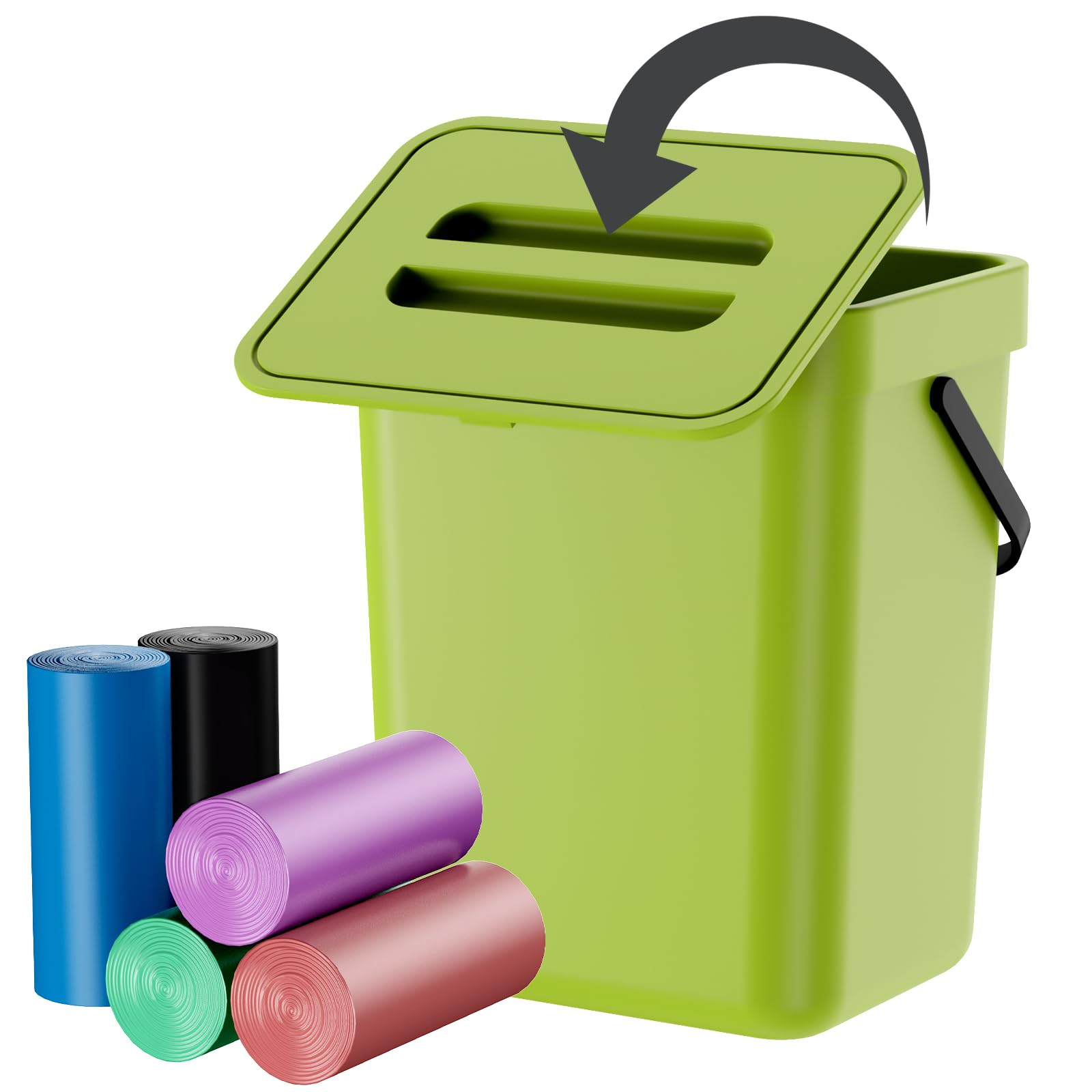 Photo 1 of CXGFVRE Compost Bin Kitchen, Bring 5 Rolls (100) of Garbage Bags, for Use on Countertops or Under Sinks, Hanging Trash Can with Lid, for Cupboard/Bathroom/Bedroom/Office/Camping(Green 0.8 Gallon/3L)