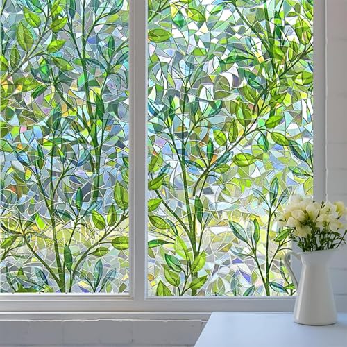 Privacy Window Film, Stained Glass Window Stickers, Rainbow Green Leaves Glass Door Film, Non-Adhesive, Static Window Sticker for Door, Home, Office, Decorative