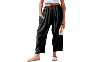 TARSE Womens Linen Wide Leg Pants Casual Loose Drawstring Low Waist Beach Palazzo Harem Pants with Pockets