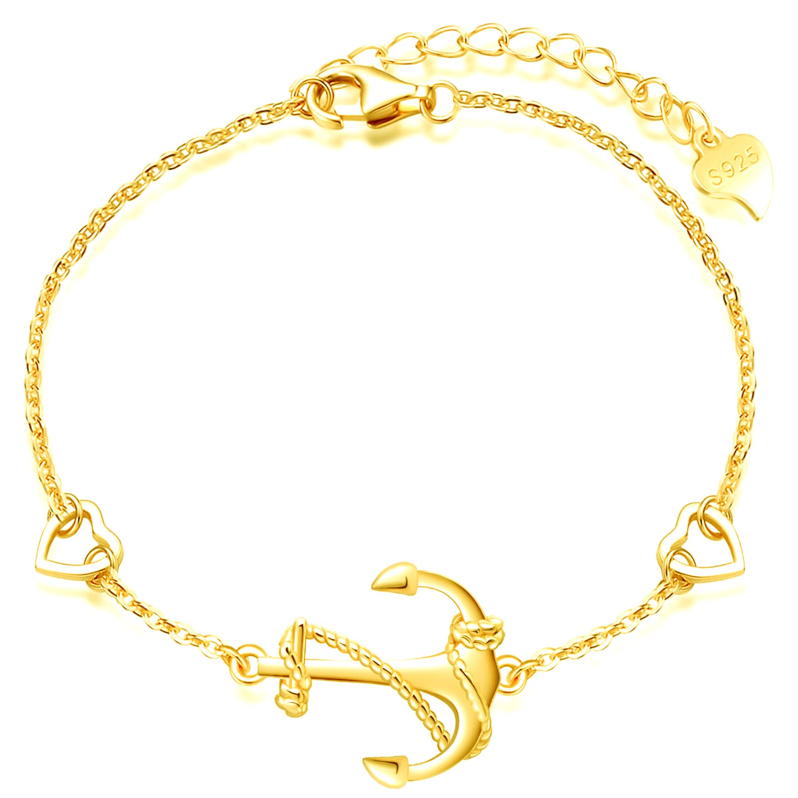 MicLee Bracelet elegant for womens and girls, 925 sterling silver bracelets, Classic anchor bracelet, link with mini heart, symbol of courage, protection and strength, adjustable chain, gold