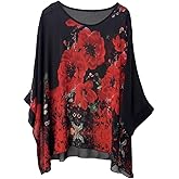 Wiwish Women's Bohemian Style Batwing Sleeve Butterflies Printed Chiffon Caftan Poncho Tunic Top Beach Loose Shirt