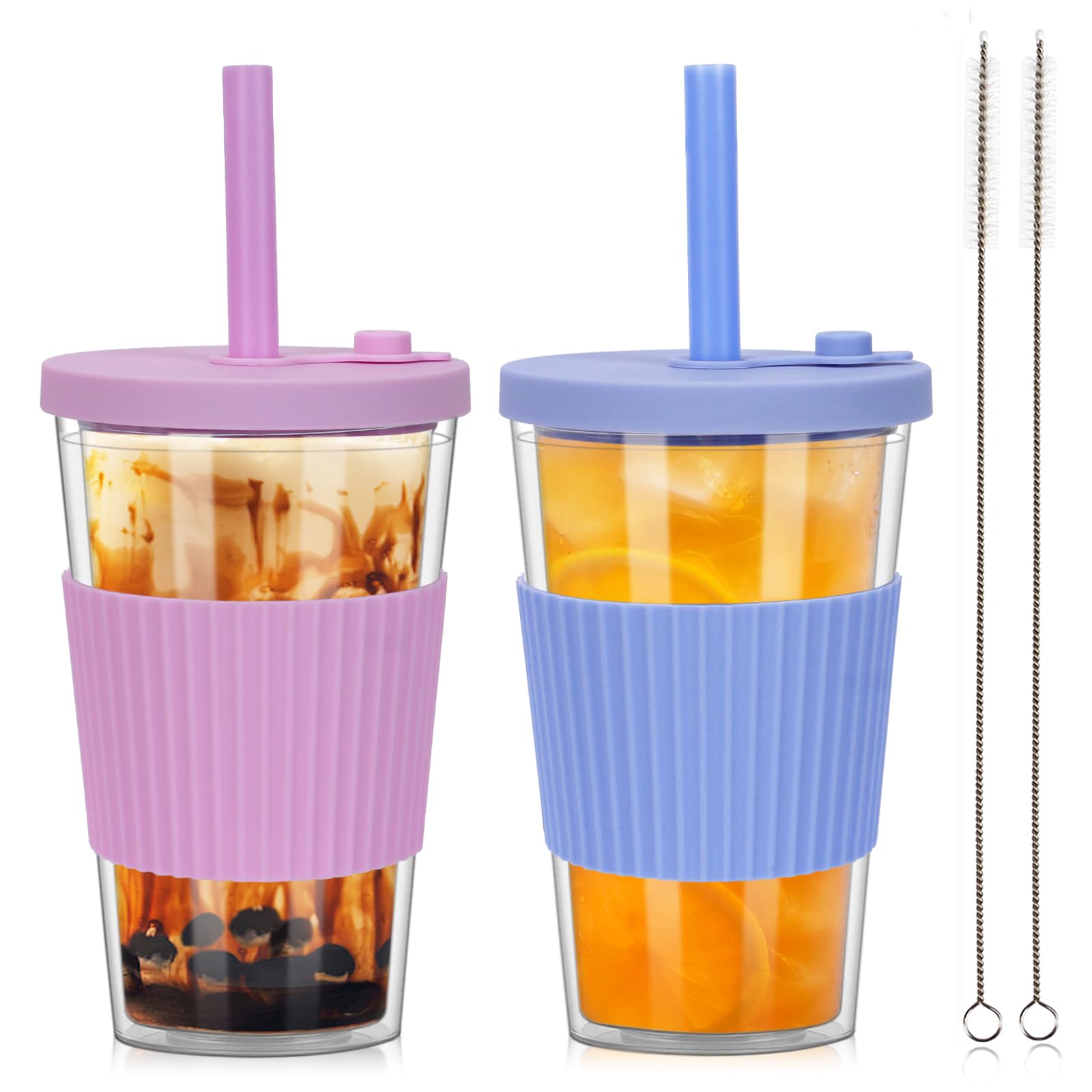 ZgoEC 2 Pack Bubble Tea Cup, 500ml/17oz Double Wall Plastic Tumbler Cups with Lids and Straws, Leakproof Iced Coffee Cup Smoothie Cup, Bubble Tea Cup and Straw, Insulated Tumbler Cups for Drinks