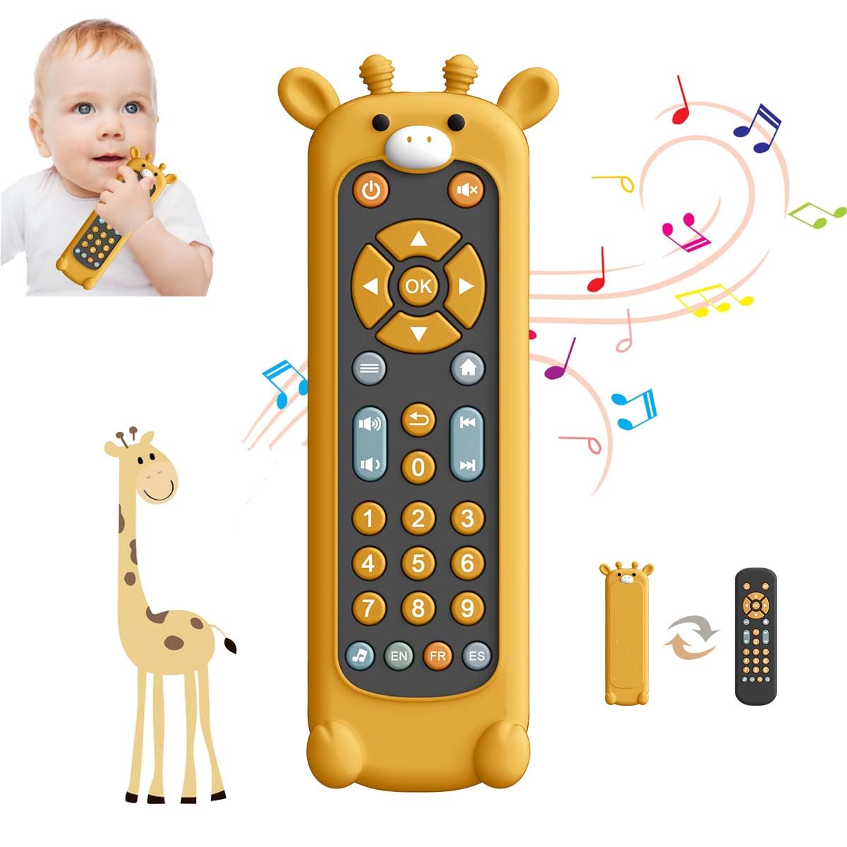 KOESMG Baby TV Remote Control Toy with Soft Silicone Teether Cute Cover, Musical Realistic Play Remote Toy with Light and Sound, 3 Language Educational Learning Toy for 6M+ Boy and Girls
