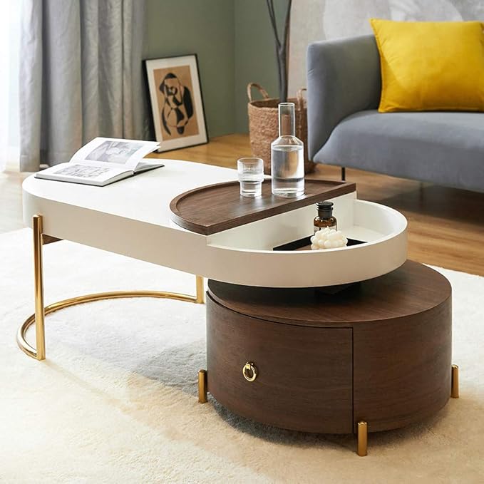 NG Decor Modern Oval Nesting Coffee Table White & Walnut Coffee Table
