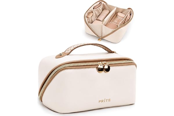 Prite Makeup Bag for Women Travel Waterproof Vegan Leather Cosmetic Bag Open Flat Toiletry Bag with Clear Divider and Handle