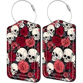 2 Pack Luggage Tags for Suitcases Skull Rose Travel Bag Tag Identifier | PU luggage tags with skull and red rose print, clear ID card slot and secure loops for suitcases, carry ons and backpacks.