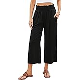 GRAPENT Capri Pants for Women High Waisted Wide Leg Linen Palazzo Trousers Pull On Elastic Smock Waist Loose Flowy Pants