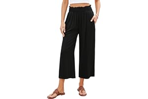GRAPENT Capri Pants for Women High Waisted Wide Leg Linen Palazzo Trousers Pull On Elastic Smock Waist Loose Flowy Pants
